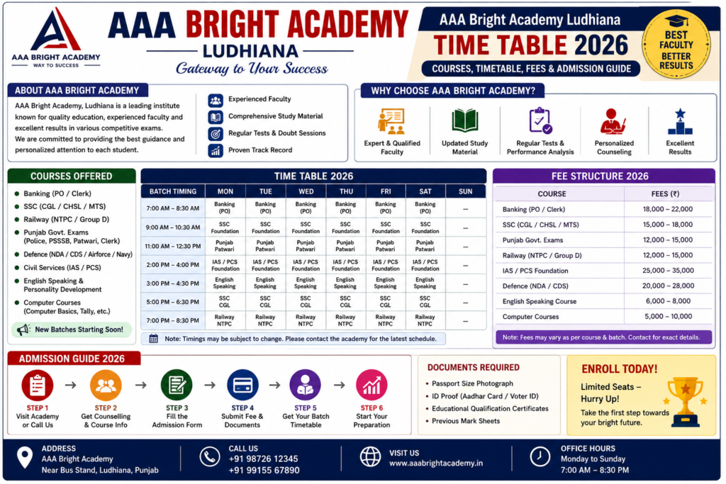AAA Bright Academy Time Table Ludhiana 2026- Courses, Timetable, Fees and Admission Guide